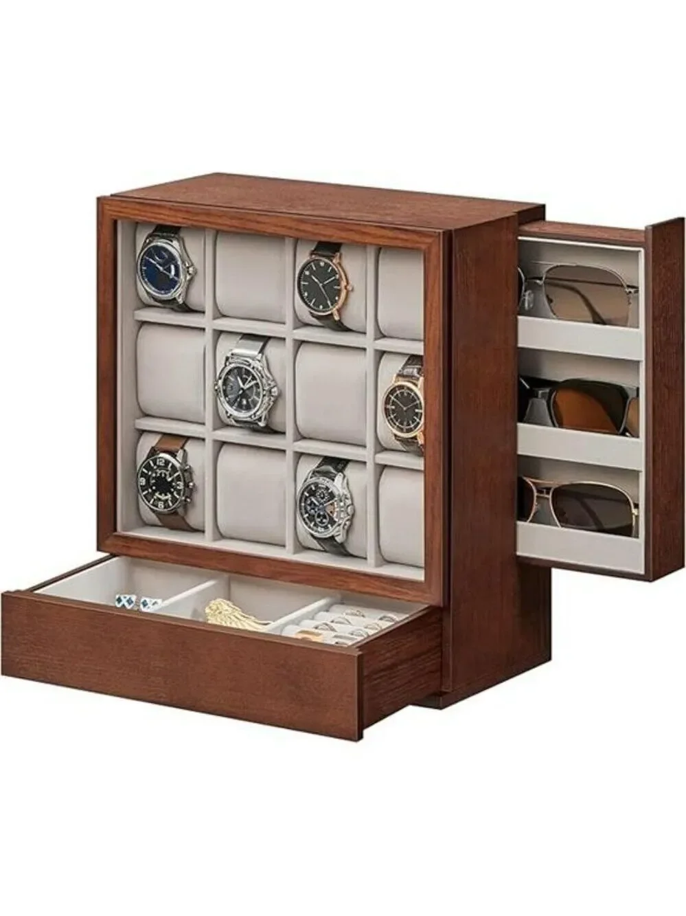 12 Slot Wood Watch Display Box Vertical Organizer with Drawer Velvet Lining
